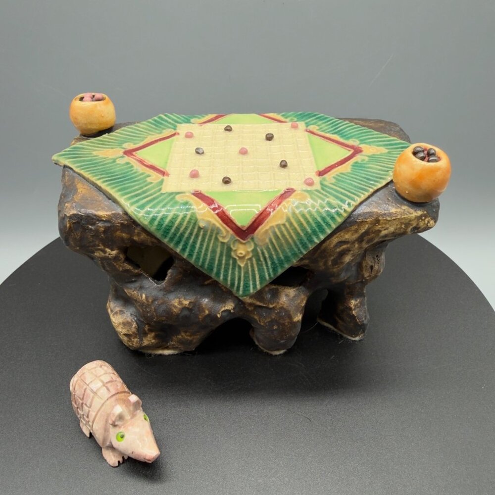 Vintage Tonala Mexico Armadillo Pottery Folk Art Game Board Clay Beads